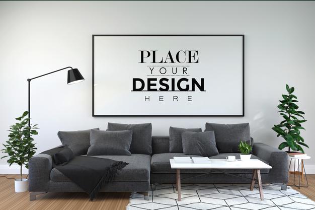 Free Poster Frame In Living Room Psd Mockup Psd