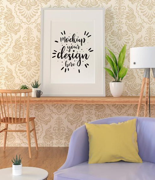 Free Poster Frame In Living Room Psd Mockup Psd