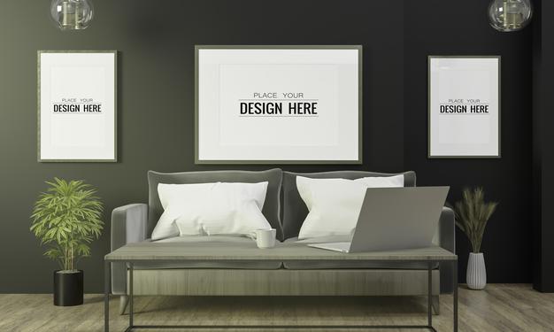 Free Poster Frame In Living Room Psd Mockup Psd
