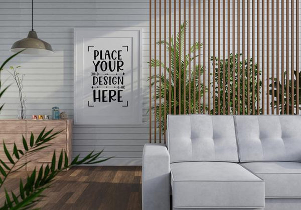 Free Poster Frame In Living Room Psd Mockup Psd