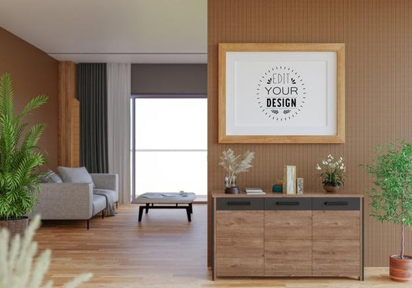 Free Poster Frame In Living Room Psd Mockup Psd