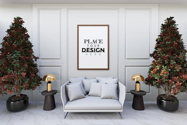 Free Poster Frame In Living Room Psd Mockup Psd