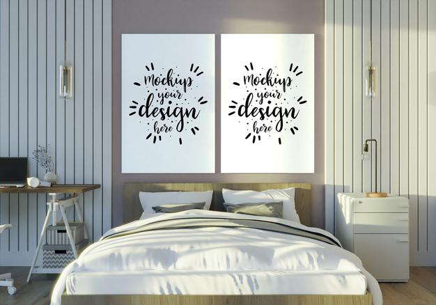 Free Poster Frame Mockup Interior In A Bedroom Psd