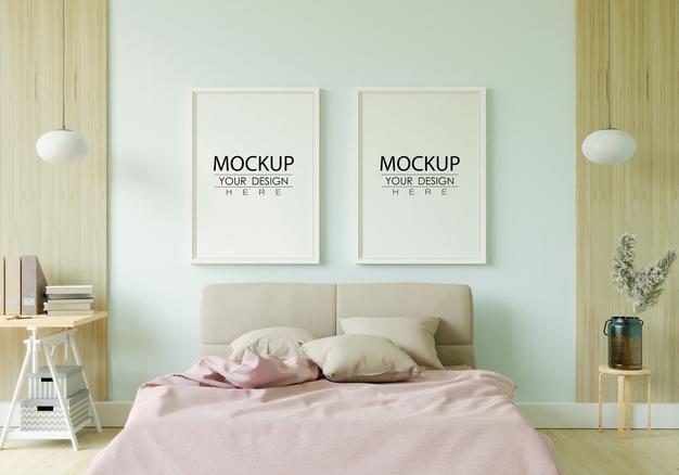 Free Poster Frame Mockup Interior In A Bedroom Psd