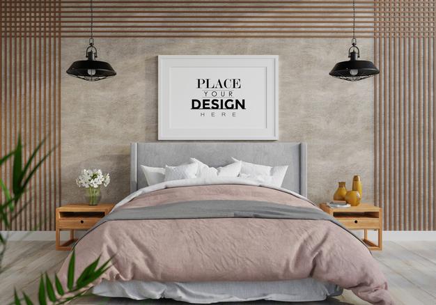 Free Poster Frame Mockup Interior In A Bedroom Psd