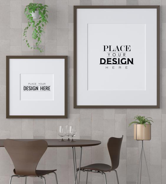 Free Poster Frame Mockup On The Wall With Plant Psd