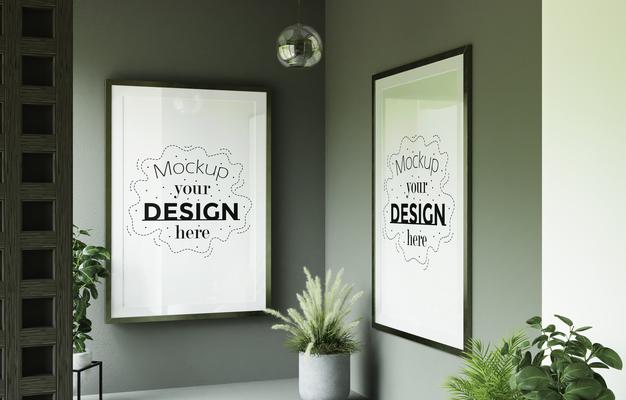 Free Poster Frame Mockup On The Wall With Plant Psd