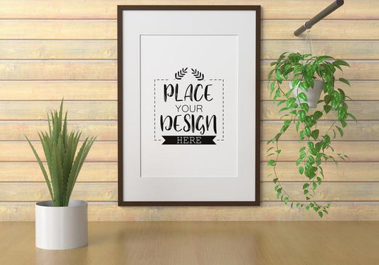 Free Poster Frame Mockup On The Wall With Plant Psd