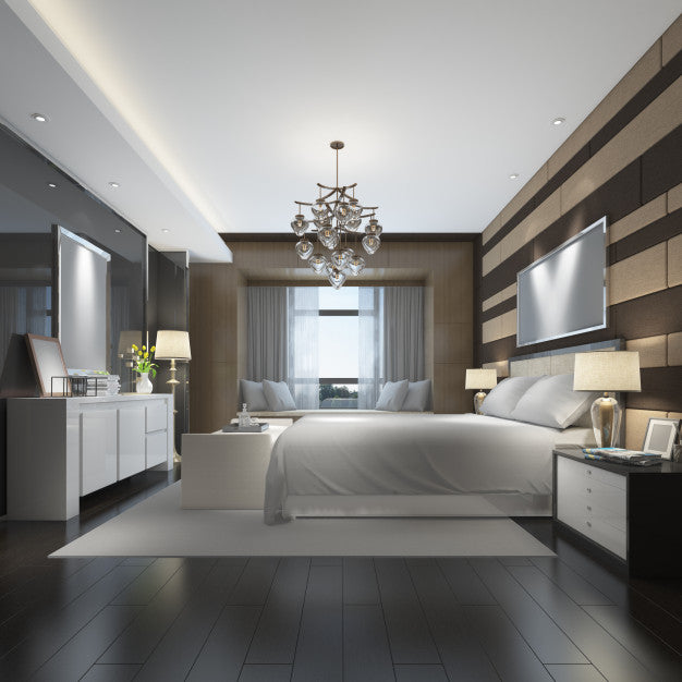 Free Realistic Modern Double Bedroom With Furniture And A Frame Psd