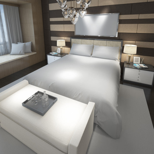 Free Realistic Modern Double Bedroom With Furniture And A Frame Psd