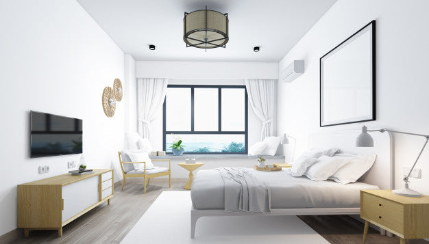 Free Realistic Modern Double Bedroom With Furniture And A Frame Psd