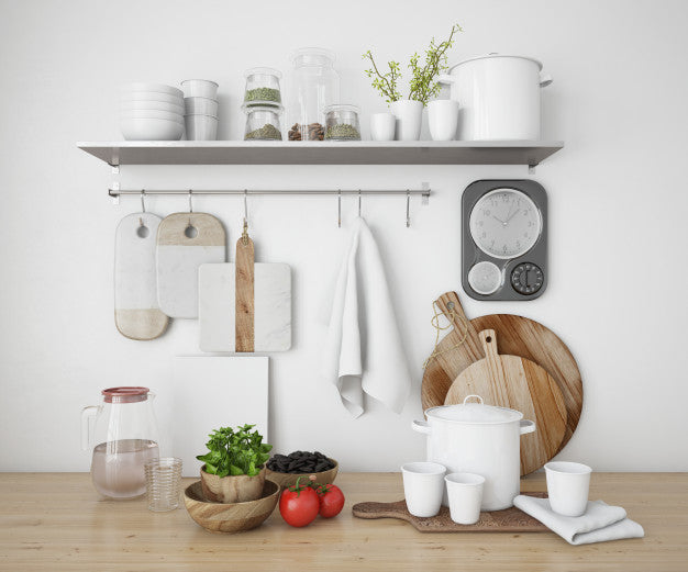 Free Realistic Shelves In A Kitchen With Utensils Psd