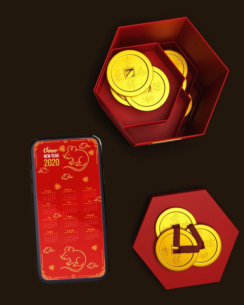 Free Red Boxes With Decorations And Mobile Beside Psd