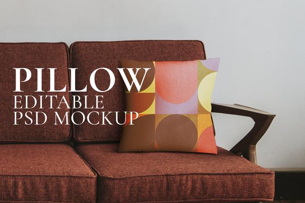 Free Red Couch By A White Wall Mockup Psd