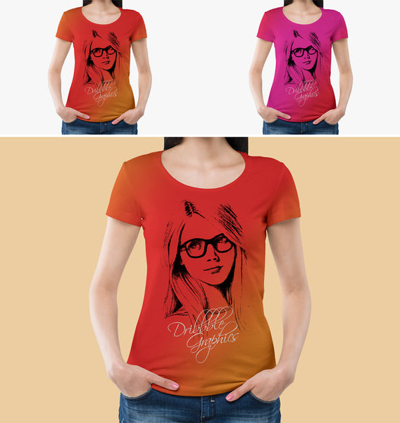 Free Round Neck Girl T-Shirt Mockup