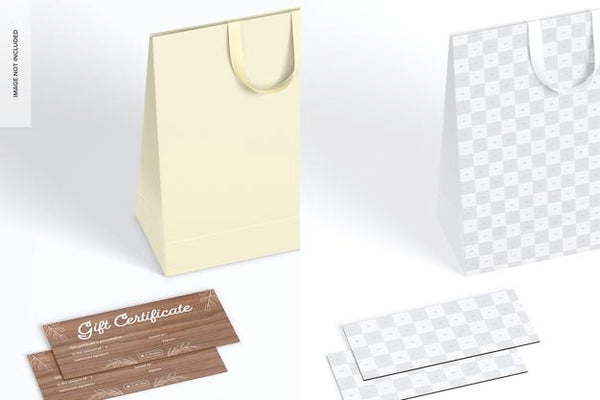 Free Rustic Gift Certificates With Bag Mockup, Perspective Psd