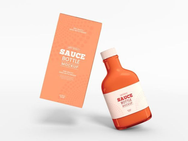 Free Sauce Bottle With Box Packaging Mockup Psd