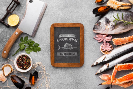 Free Sea Food Assortment With Blackboard Mock-Up Psd