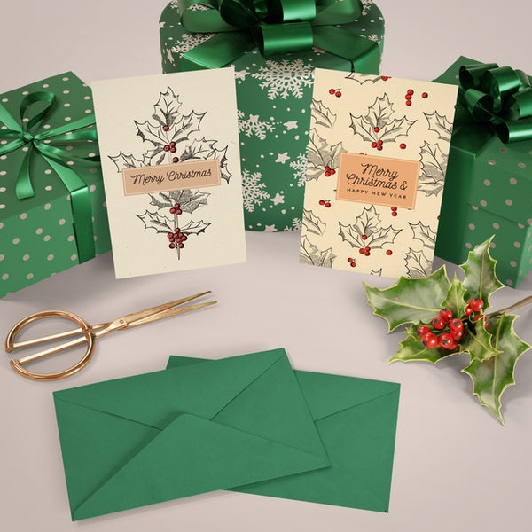 Free Set Of Christmas Gifts And Cards Mock-Up Psd