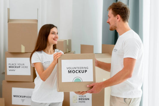 Free Side View Of Volunteers Handling Boxes Of Food Donations Psd