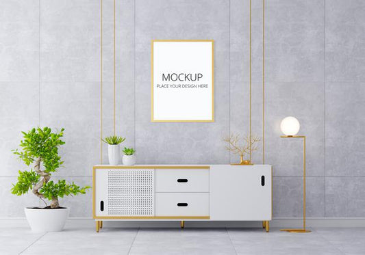 Free Sideboard In Living Room Interior With Frame Mockup Psd