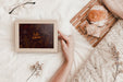 Free Slate Mockup With Breakfast On Bed Psd