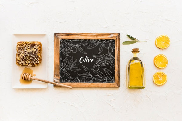 Free Slate Mockup With Olive Oil Concept Psd