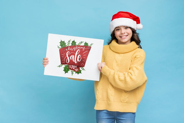 Free Smiley Girl Holding Paper Sheet With Sales Message Psd