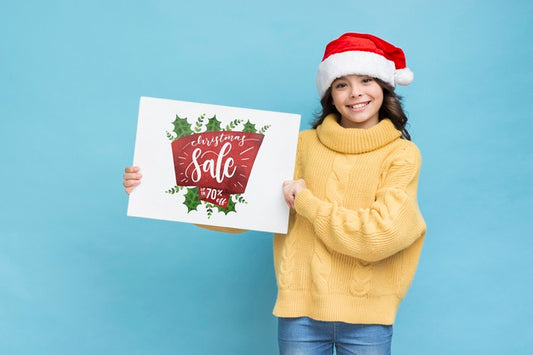 Free Smiley Girl Holding Paper Sheet With Sales Message Psd