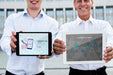Free Smiley Men Holding Digital Devices For Internet Marketing Psd