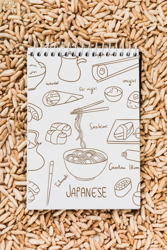 Free Spiral Notepad Mockup With Japanese Food Mockup Psd