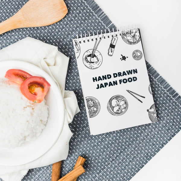 Free Spiral Notepad Mockup With Japanese Food Mockup Psd