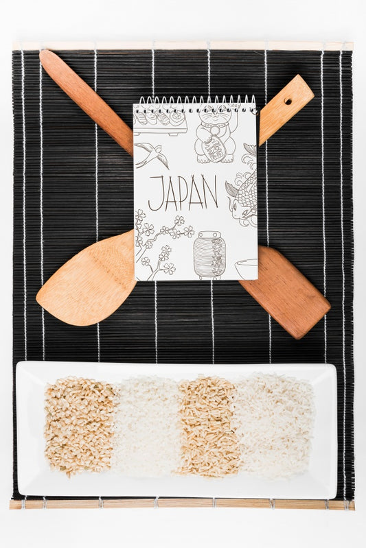 Free Spiral Notepad Mockup With Japanese Food Mockup Psd
