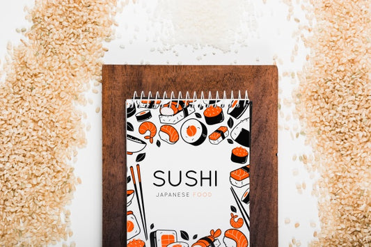 Free Spiral Notepad Mockup With Japanese Food Mockup Psd