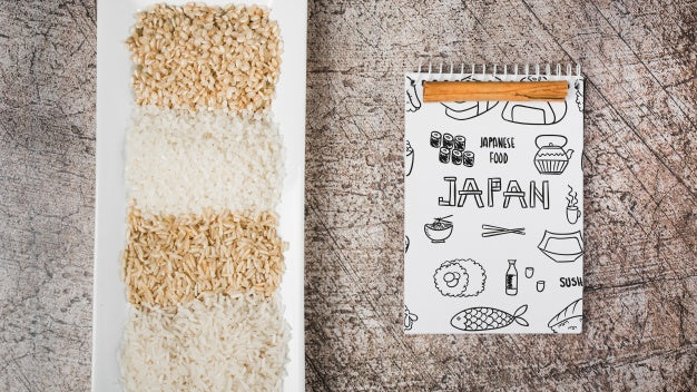 Free Spiral Notepad Mockup With Japanese Food Mockup Psd