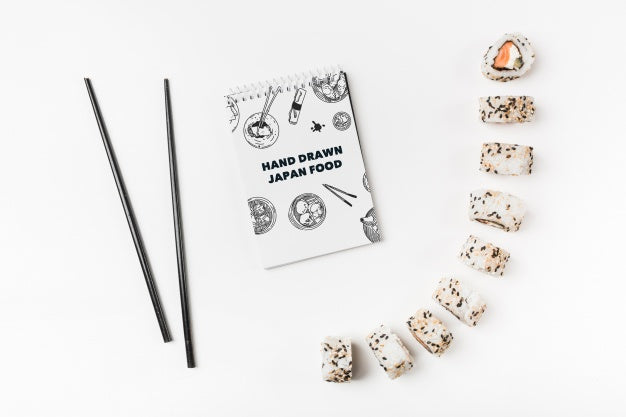 Free Spiral Notepad Mockup With Japanese Food Mockup Psd
