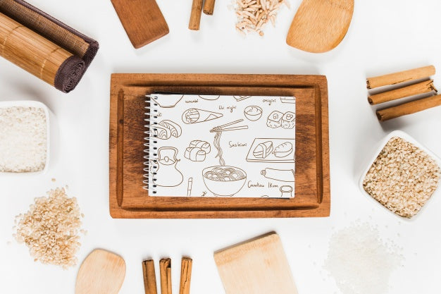 Free Spiral Notepad Mockup With Japanese Food Mockup Psd