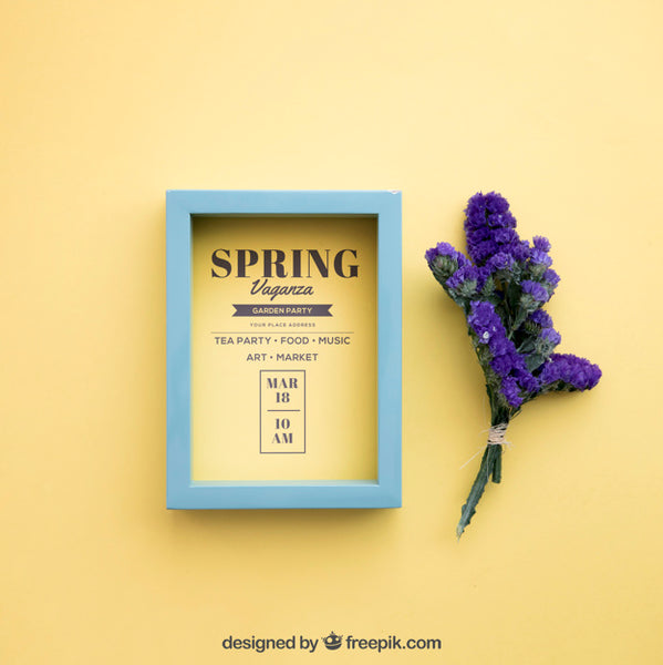 Free Spring Mock Up With Frame And Purple Flowers Psd