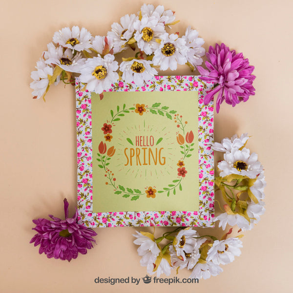 Free Spring Mockup With Frame And Different Flowers Psd