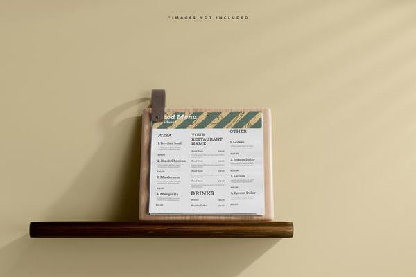 Free Square Food Menu On A Wooden Board Mockup On A Shelf Psd