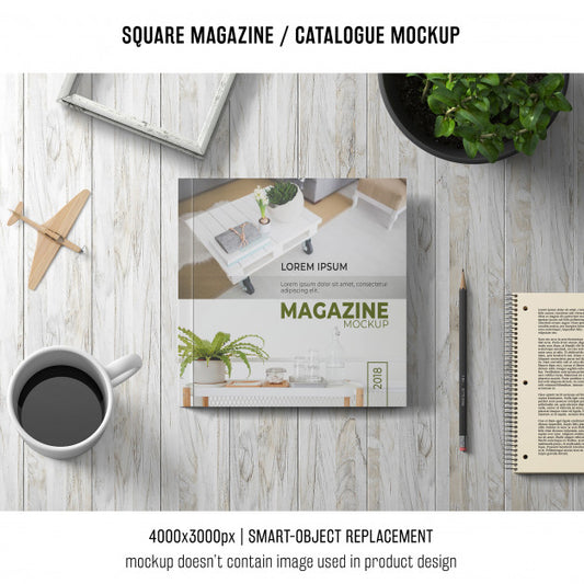 Free Square Magazine Or Catalogue Mockup With Coffee Psd