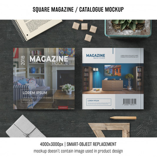 Free Square Magazine Or Catalogue Mockup With Different Objects Psd