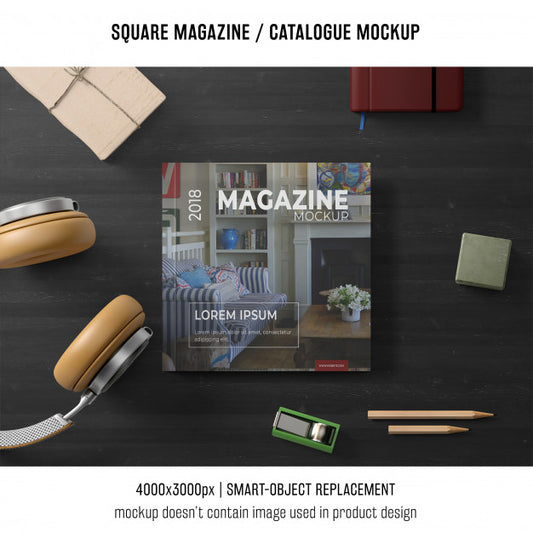 Free Square Magazine Or Catalogue Mockup With Still Life Psd
