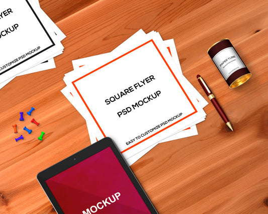 Free Stationery Concept With Square Flyer Mockup Psd