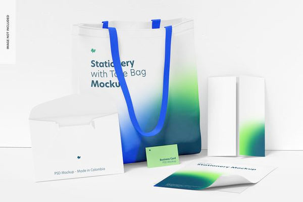 Free Stationery With Tote Bag Mockup, Leaned Psd