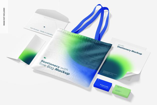 Free Stationery With Tote Bag Mockup Psd