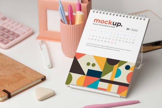 Free Table Display With Calendar Mockup In Real Life Psd