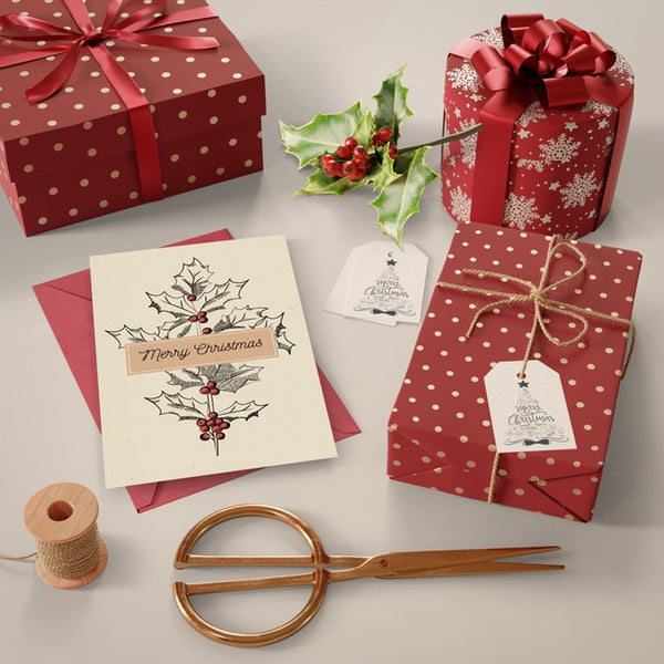 Free Table Filled With Gifts For Christmas Mock-Up Psd