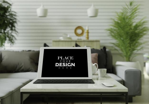 Free Tablet Computer On Table Mockup Psd