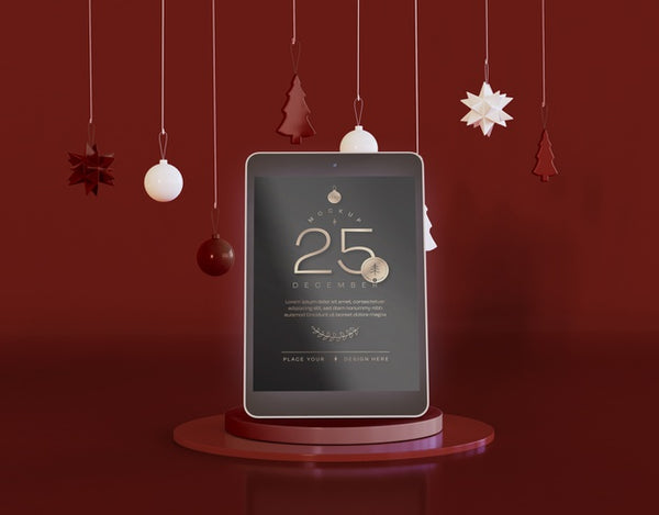 Free Tablet Mockup With Christmas Decoration Psd